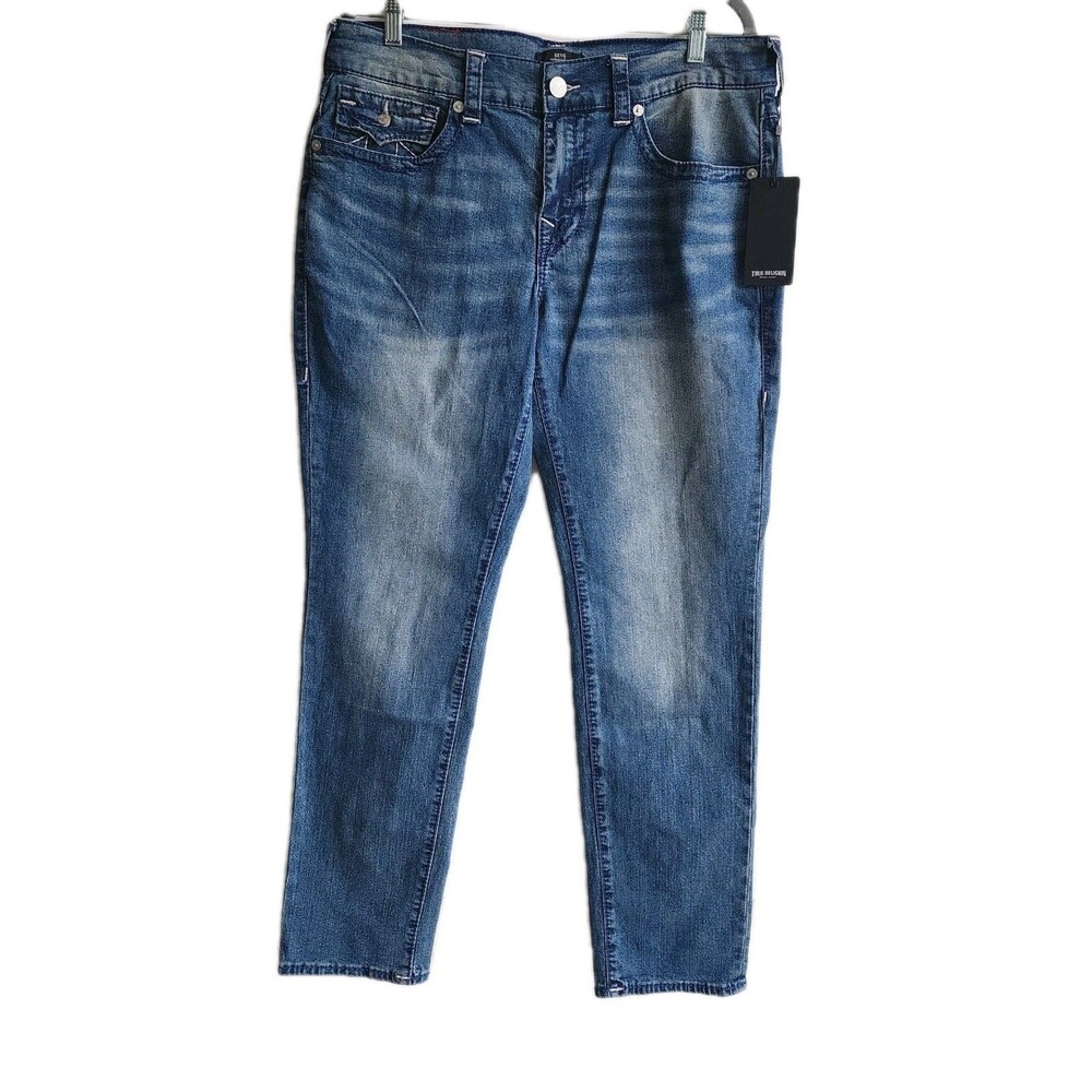NWT True Religion Geno Slim Jeans Men’s 34x32 Medium Heavenly Wash Big T Flap